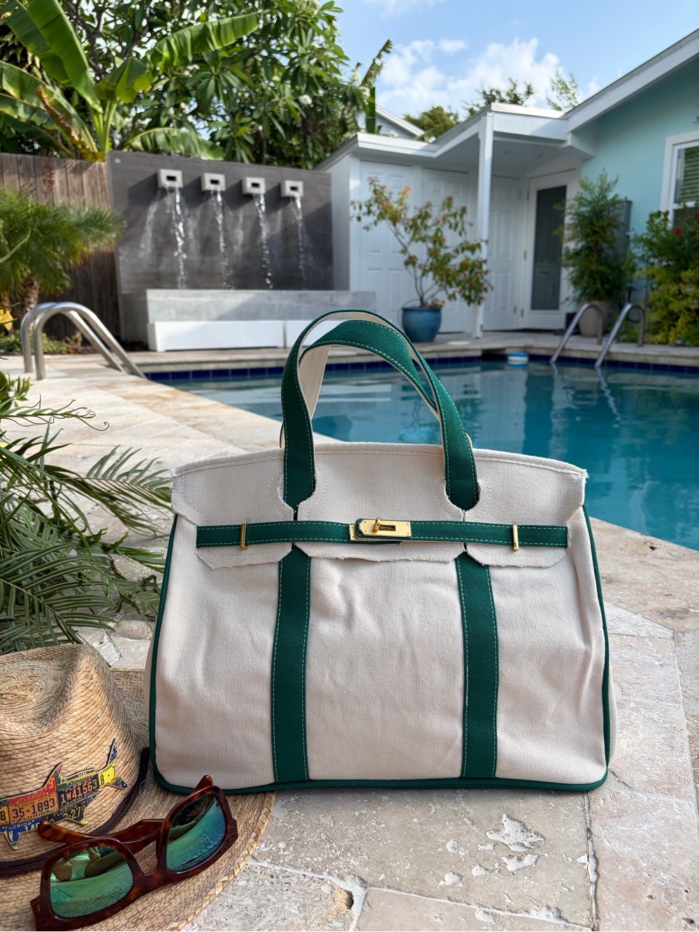 Boatkin Canvas Boat Tote – Green Trim Includes Free Lock & Makeup Pouch